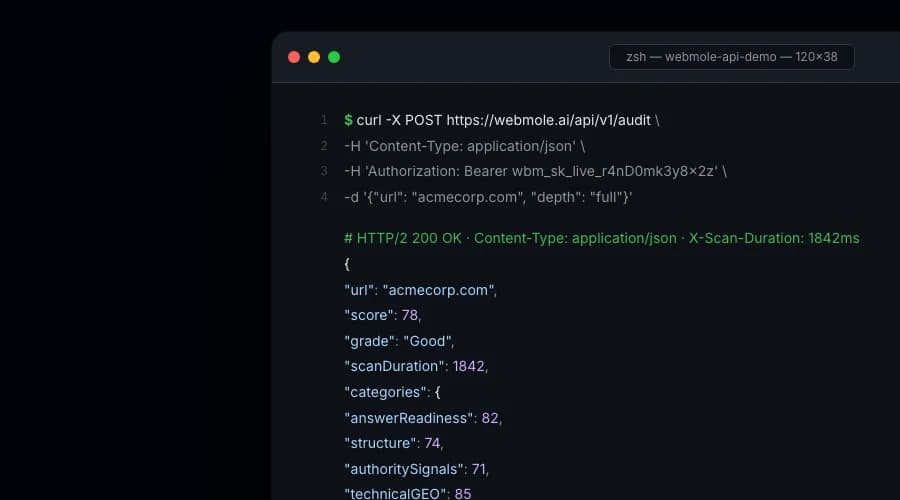 Terminal showing a curl request to the WebMole API with a JSON response containing a score of 74